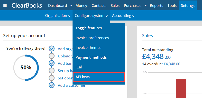 Clear Book: SMB user selects API keys from Settings &gt; Configure system in the menu bar.